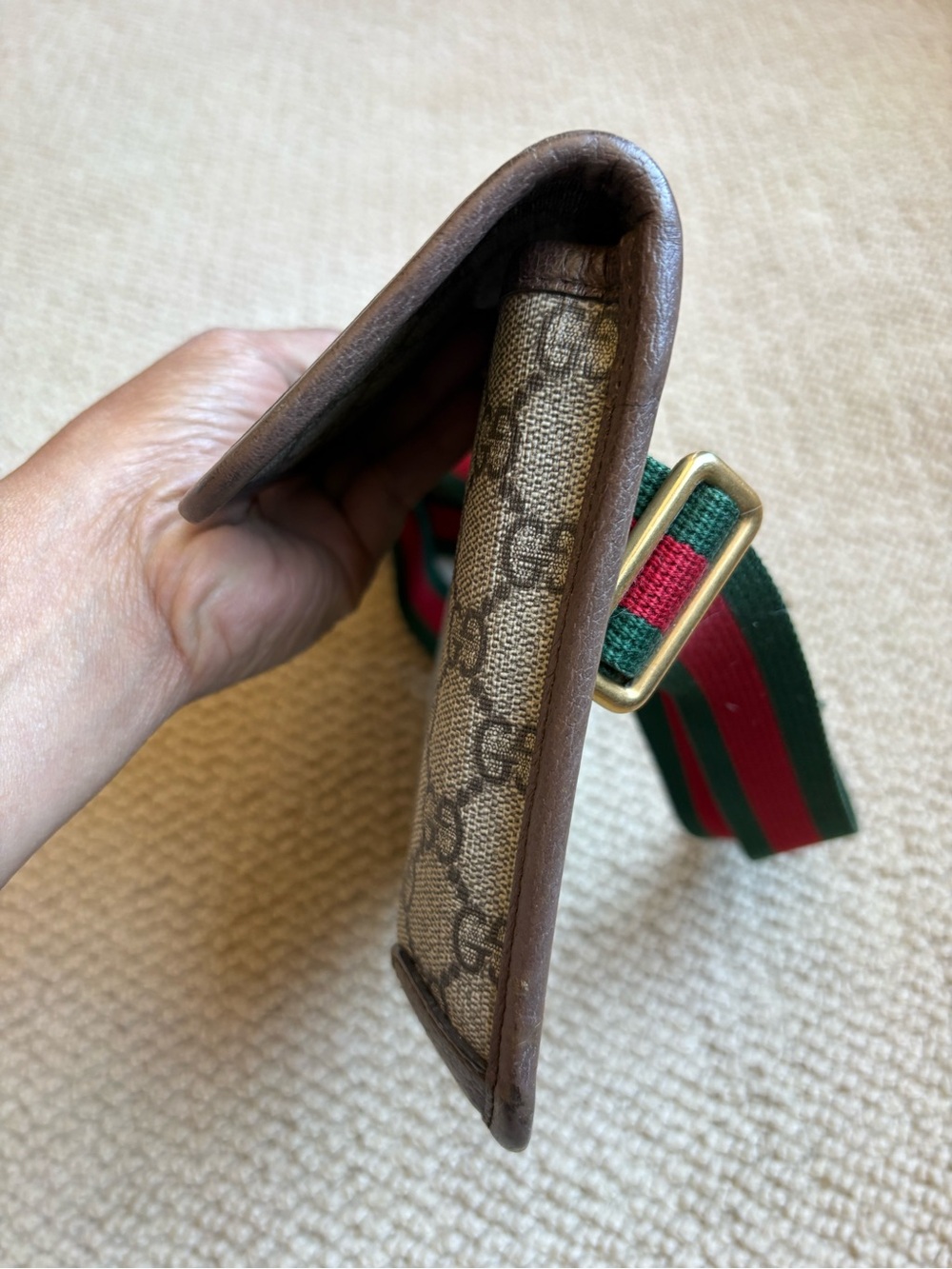 Gucci Beige GG Supreme Canvas Belt Bag with Green-Red Web Strap - Picture 6 of 9
